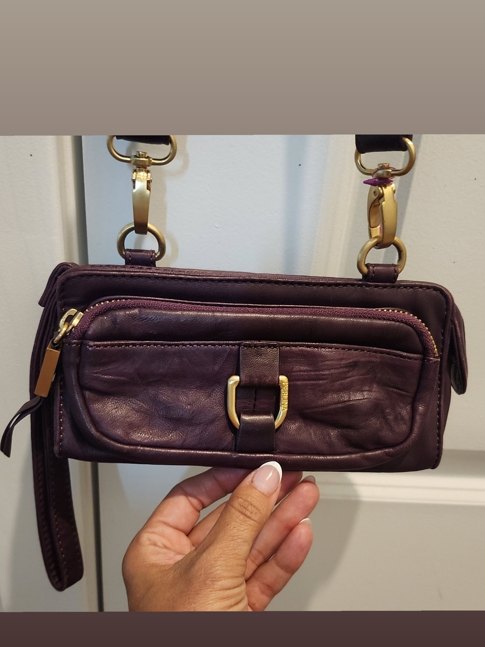 Perlina Leather Crossbody Wristlet in Deep Plum